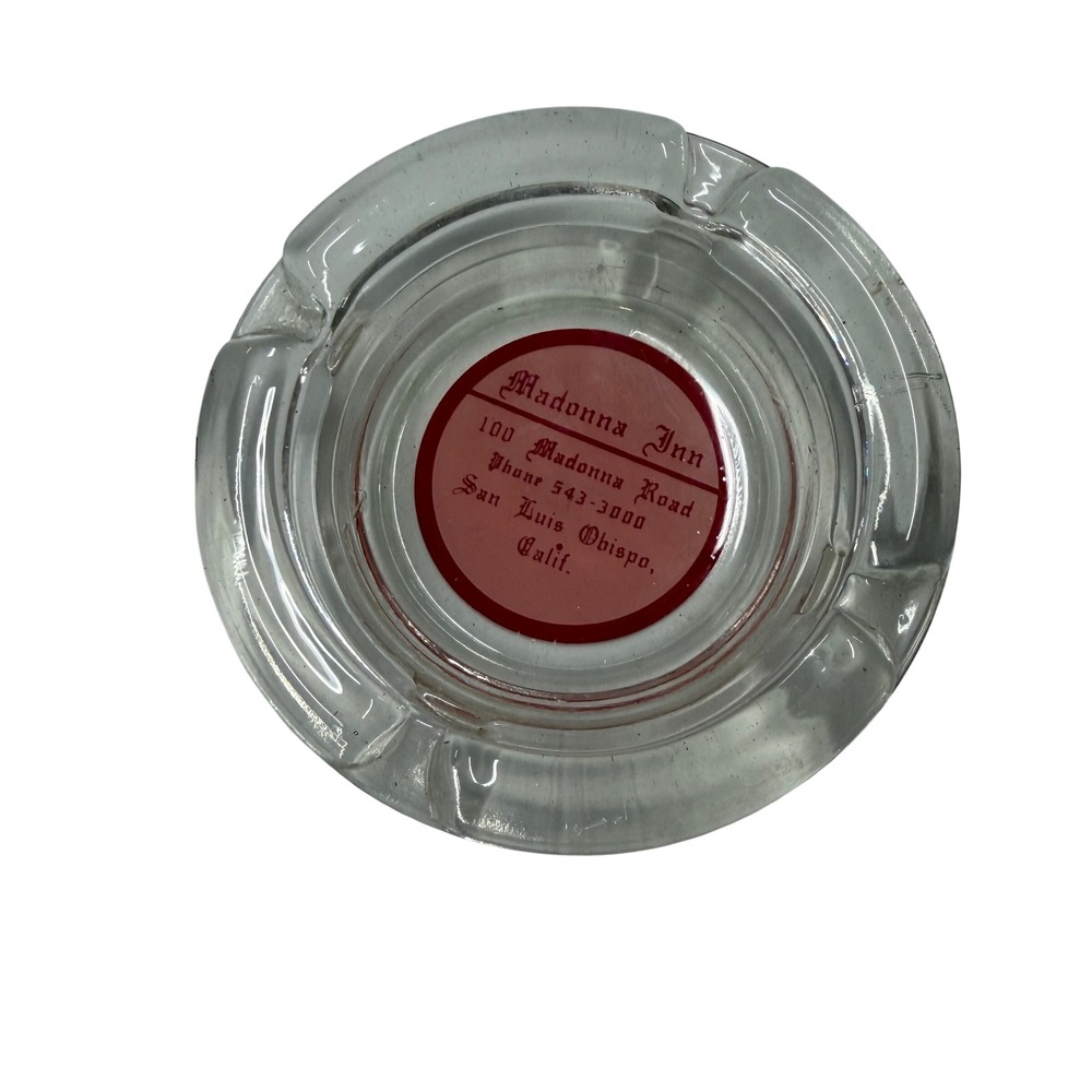Vintage Madonna Inn San Luis Obispo California Clear Glass Ashtray Red Logo